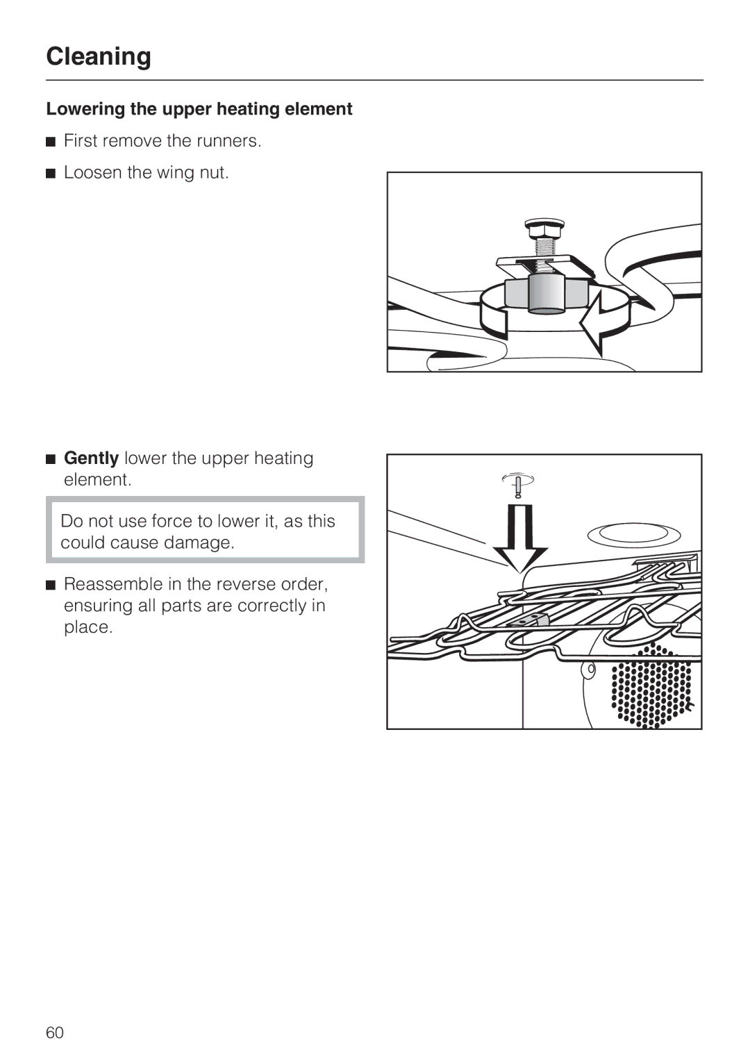 Miele H4881BP installation instructions Lowering the upper heating element 