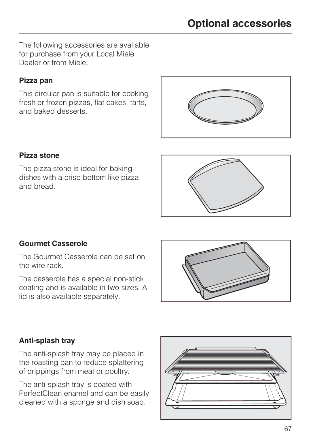 Miele H4881BP installation instructions Optional accessories, Pizza pan, Pizza stone, Gourmet Casserole, Anti-splash tray 