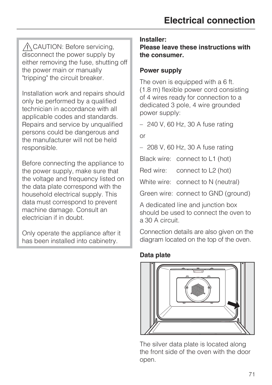 Miele H4881BP installation instructions Electrical connection, Data plate 