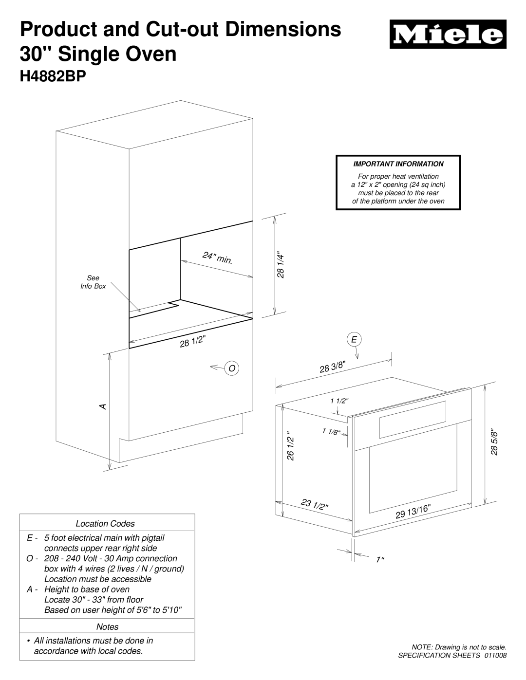 Miele H4882BP dimensions Product and Cut-out Dimensions 30 Single Oven, Important Information 