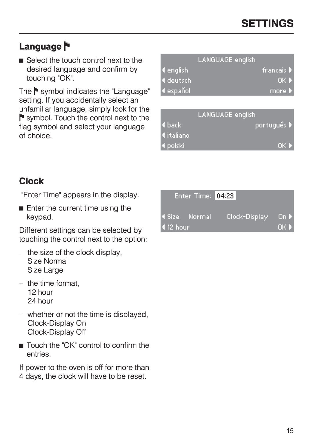 Miele H4882BP installation instructions Language J, Clock, Settings 