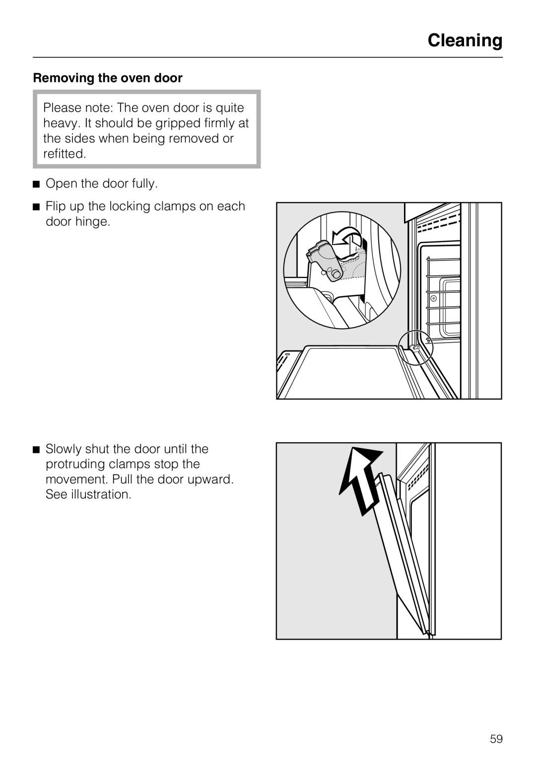 Miele H4882BP Cleaning, Removing the oven door, Open the door fully, Flip up the locking clamps on each door hinge 