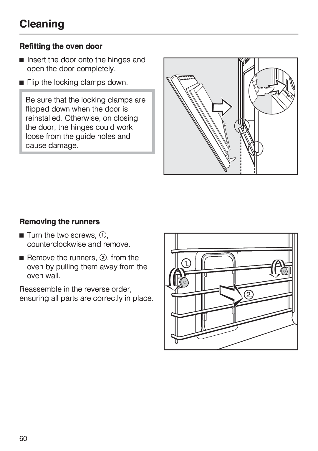 Miele H4882BP installation instructions Cleaning, Refitting the oven door, Removing the runners 
