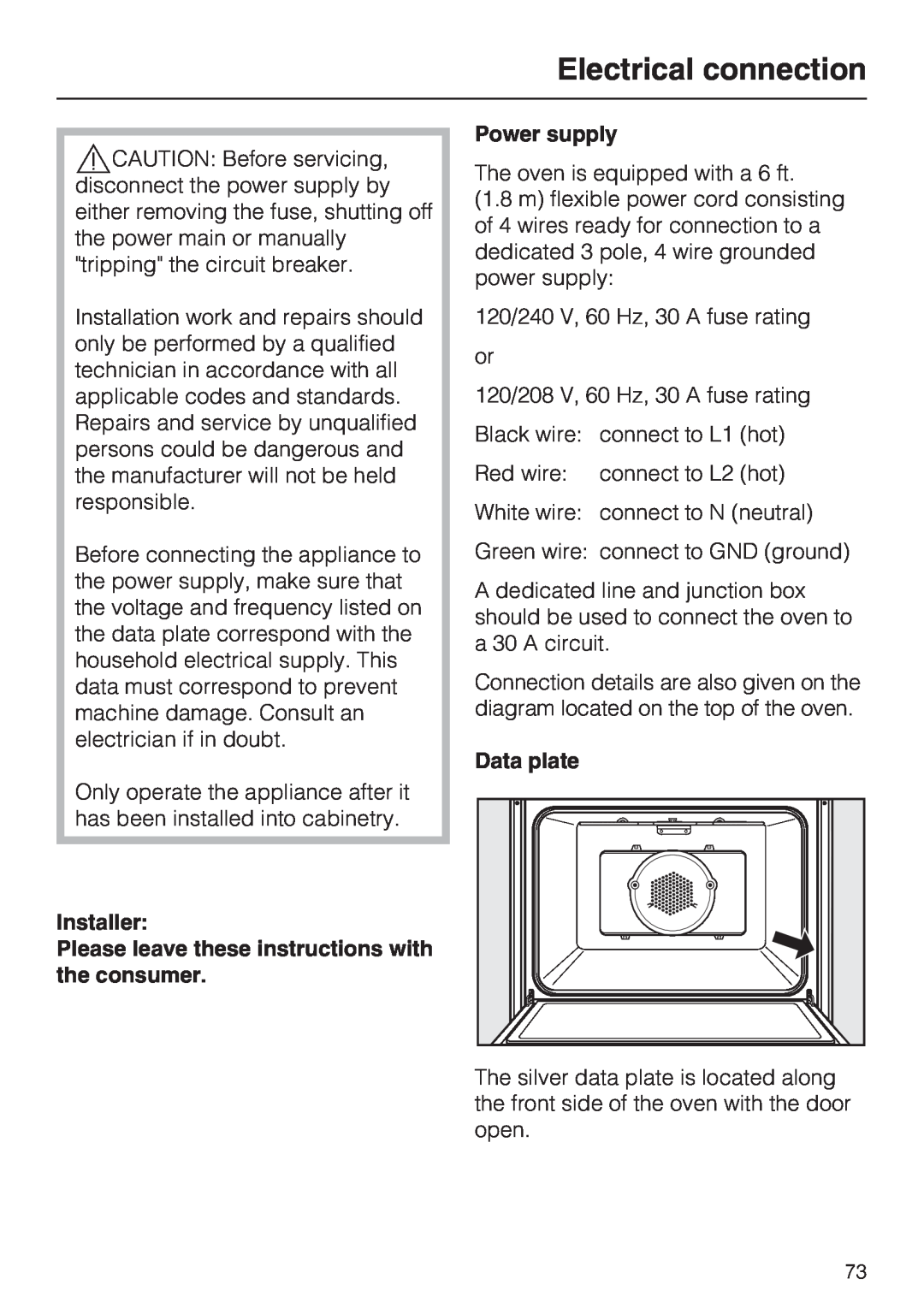 Miele H4882BP Electrical connection, Installer, Please leave these instructions with the consumer, Power supply 