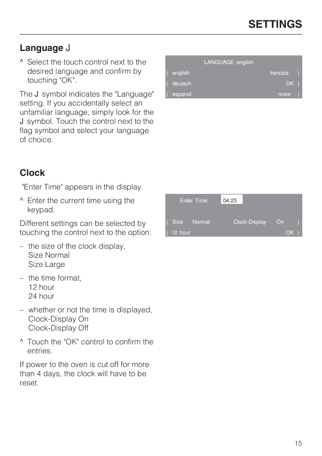 Miele H4890B2 installation instructions Language J, Clock 