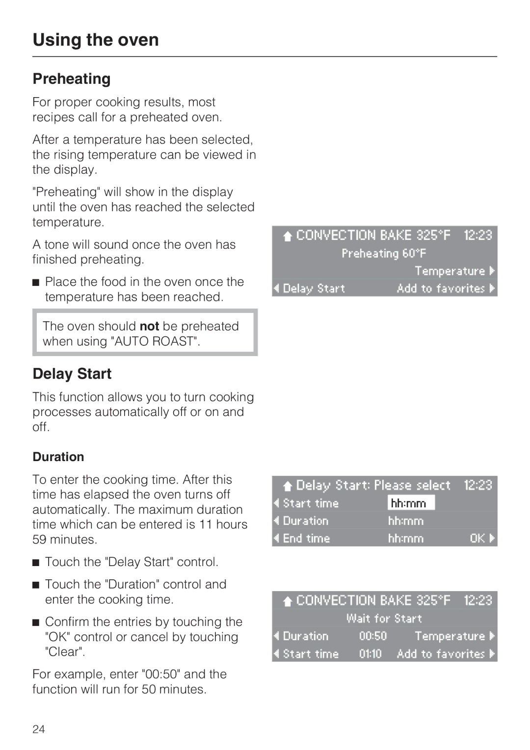 Miele H4890B2 installation instructions Preheating, Delay Start, Duration 