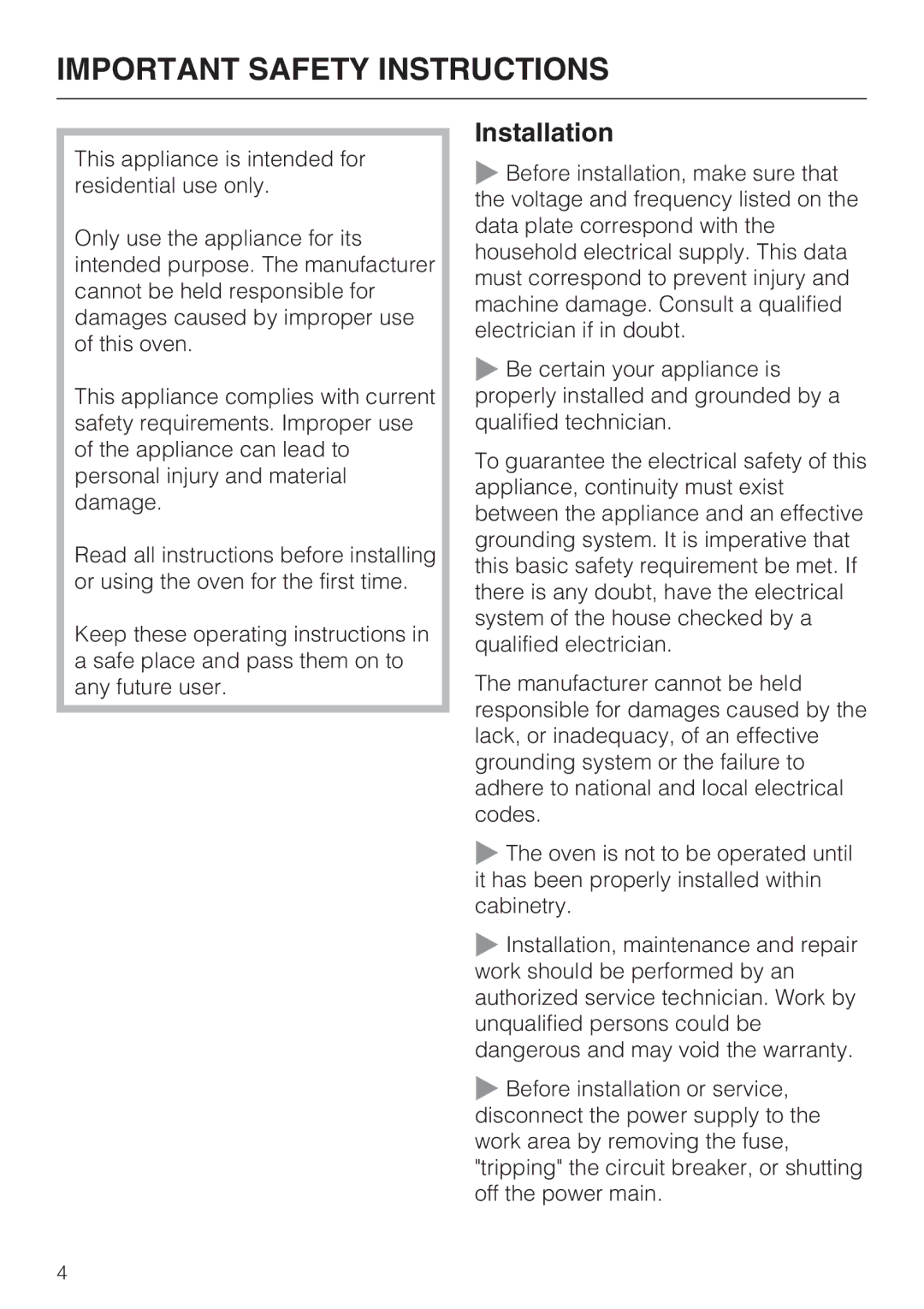 Miele H4890B2 installation instructions Important Safety Instructions, Installation 