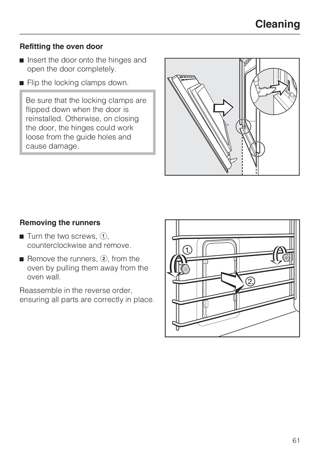 Miele H4890B2 installation instructions Refitting the oven door, Removing the runners 