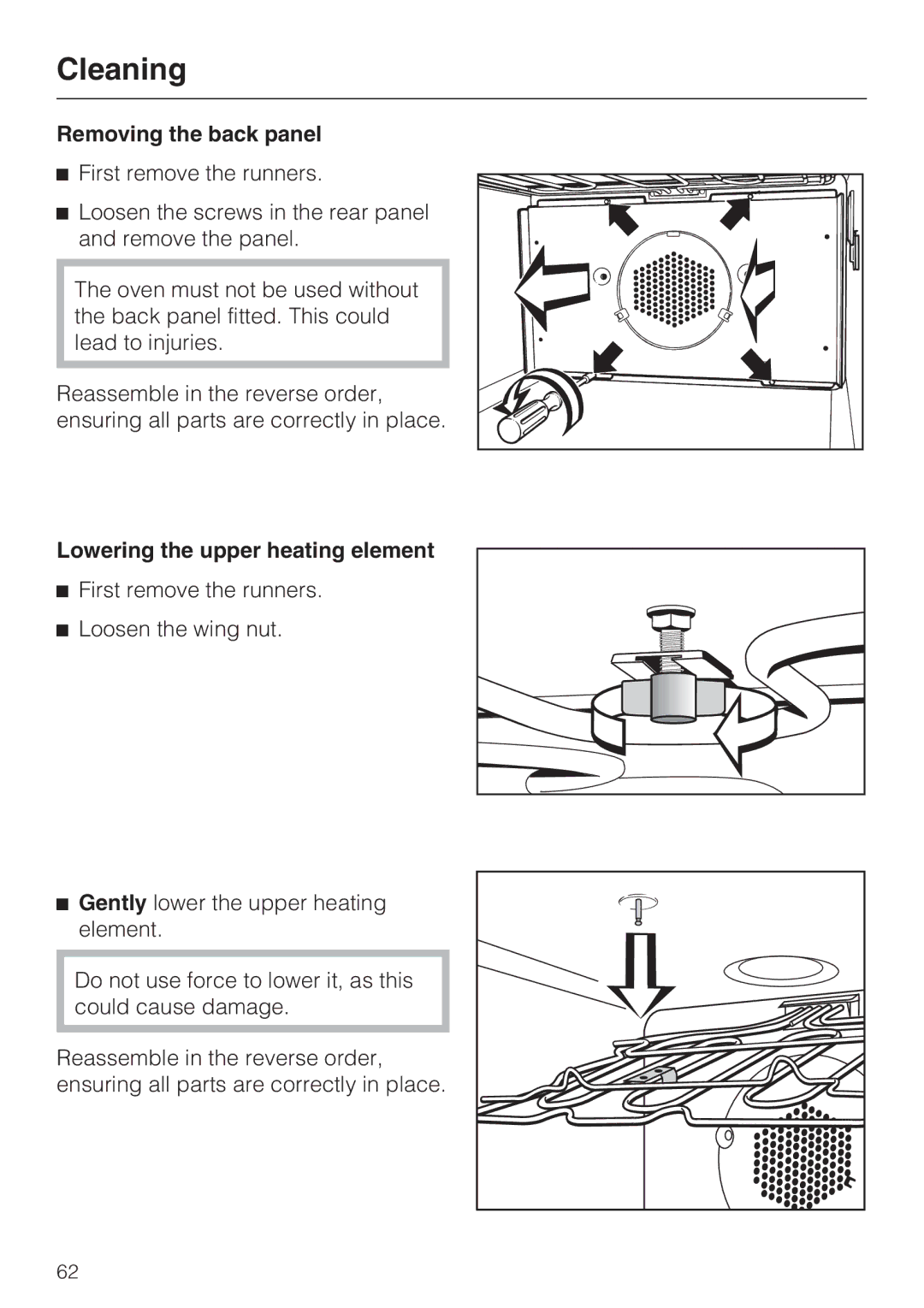 Miele H4890B2 installation instructions Removing the back panel, Lowering the upper heating element 