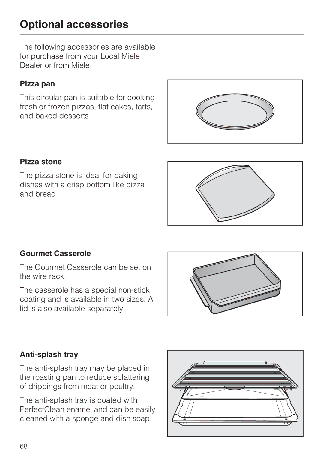 Miele H4890B2 installation instructions Optional accessories, Pizza pan, Pizza stone, Gourmet Casserole, Anti-splash tray 