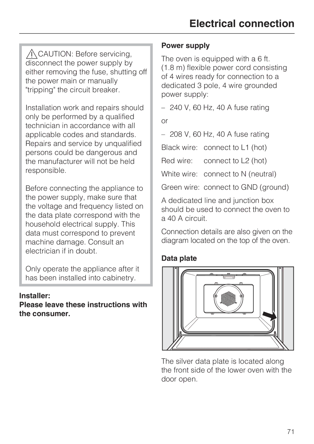 Miele H4890B2 installation instructions Electrical connection, Data plate 