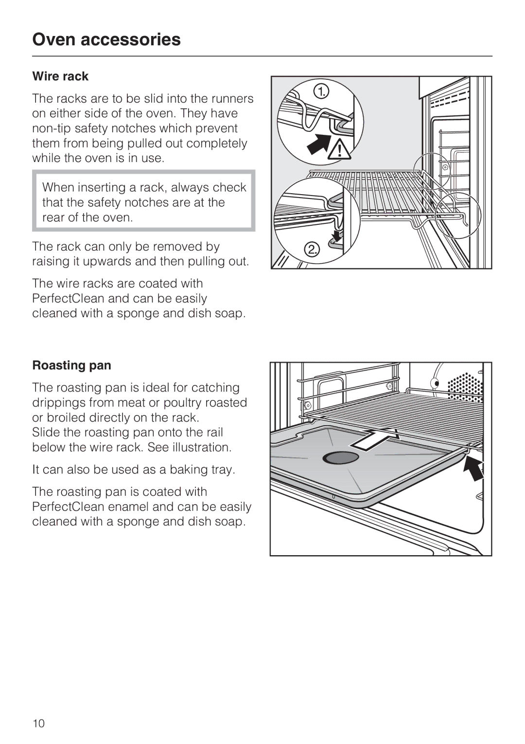 Miele H4890BP2 installation instructions Oven accessories, Wire rack, Roasting pan 