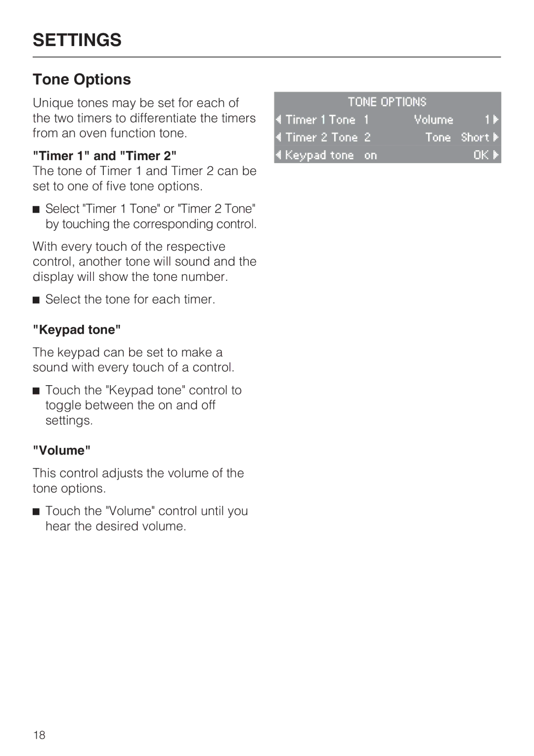 Miele H4890BP2 installation instructions Tone Options, Timer 1 and Timer, Keypad tone, Volume 