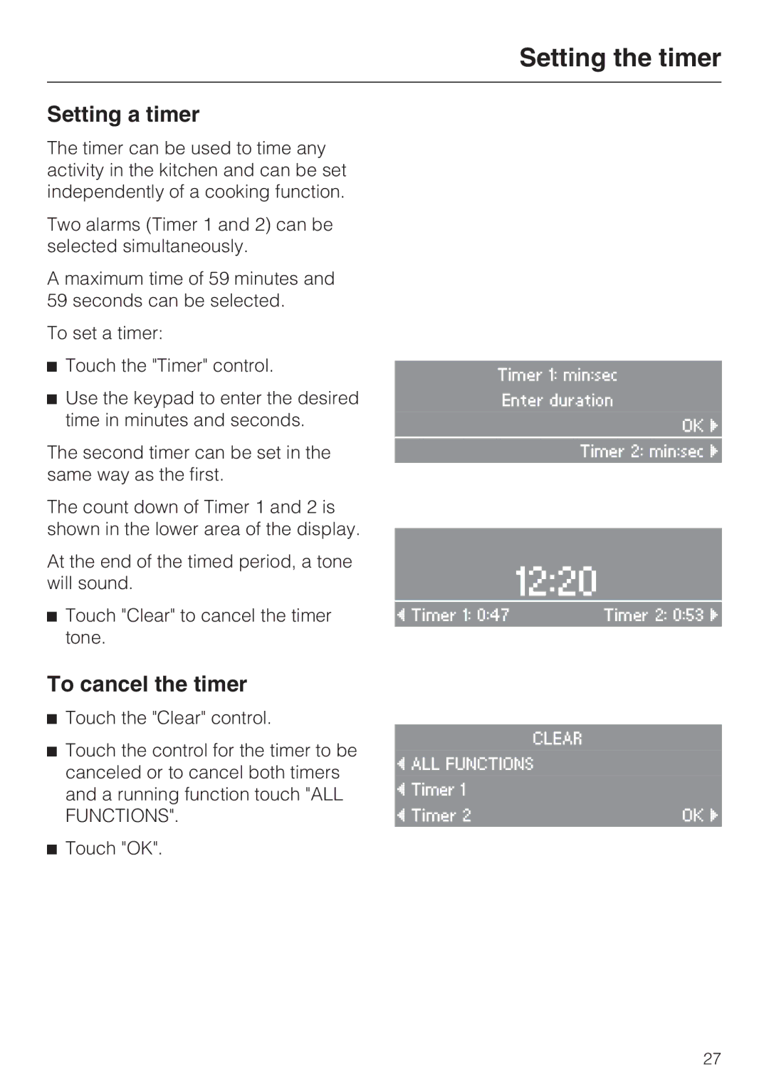 Miele H4890BP2 installation instructions Setting the timer, Setting a timer, To cancel the timer 