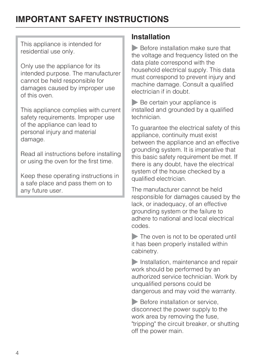 Miele H4890BP2 installation instructions Important Safety Instructions, Installation 