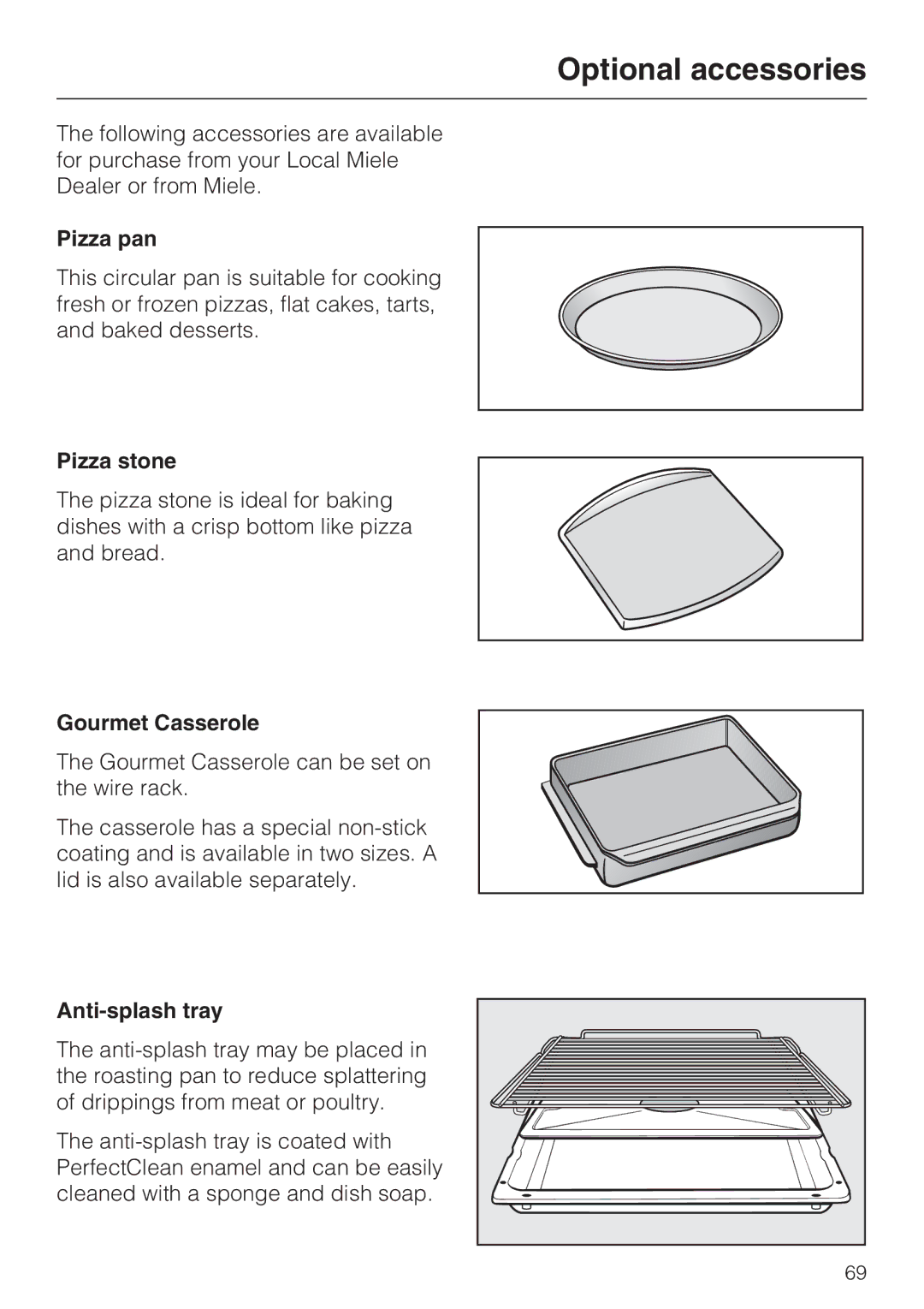 Miele H4890BP2 installation instructions Optional accessories, Pizza pan, Pizza stone, Gourmet Casserole, Anti-splash tray 