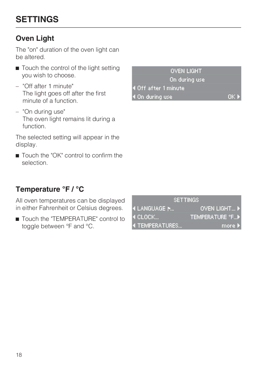 Miele H4892BP2 installation instructions Oven Light, Temperature F / C 