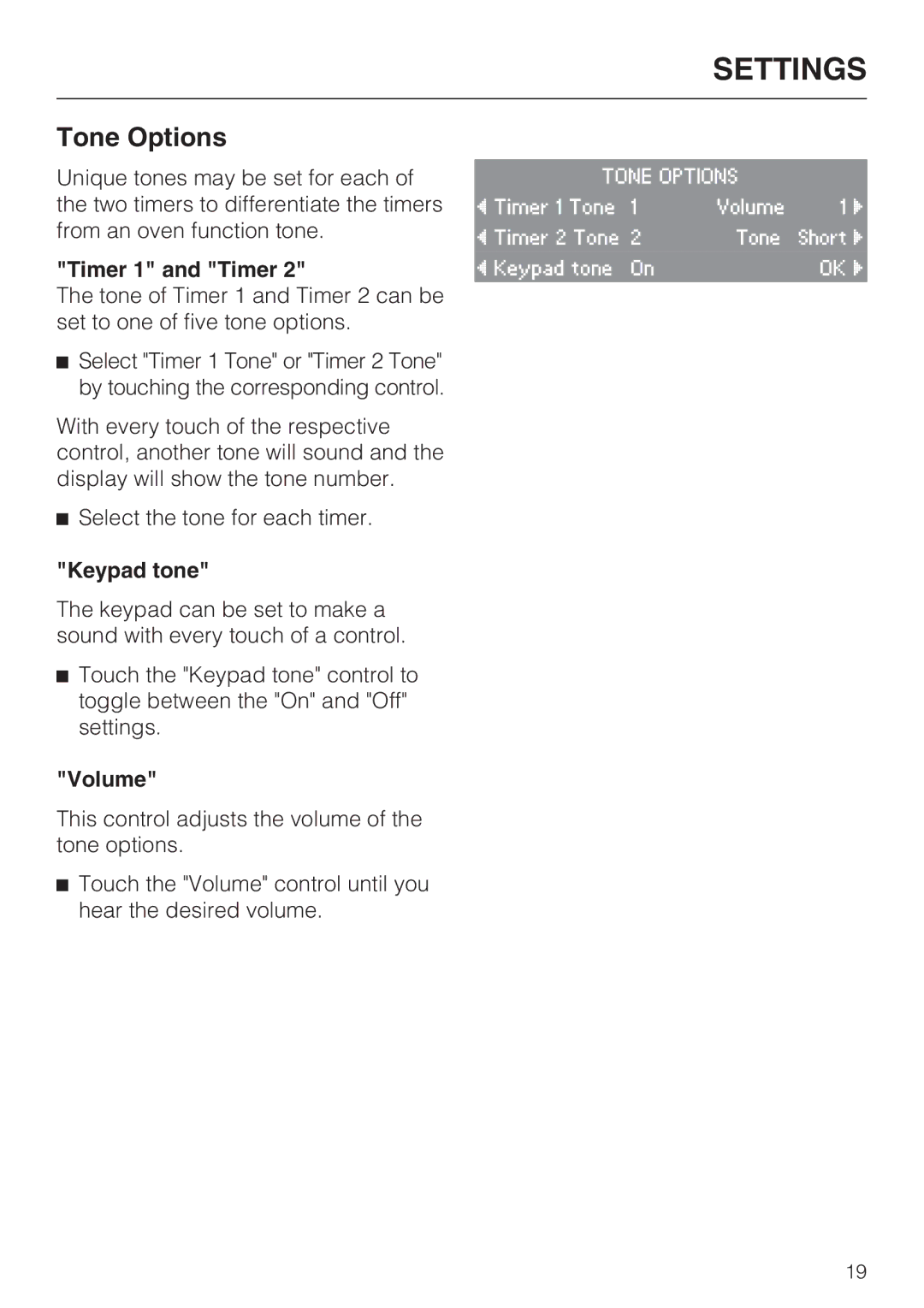 Miele H4892BP2 installation instructions Tone Options, Timer 1 and Timer, Keypad tone, Volume 