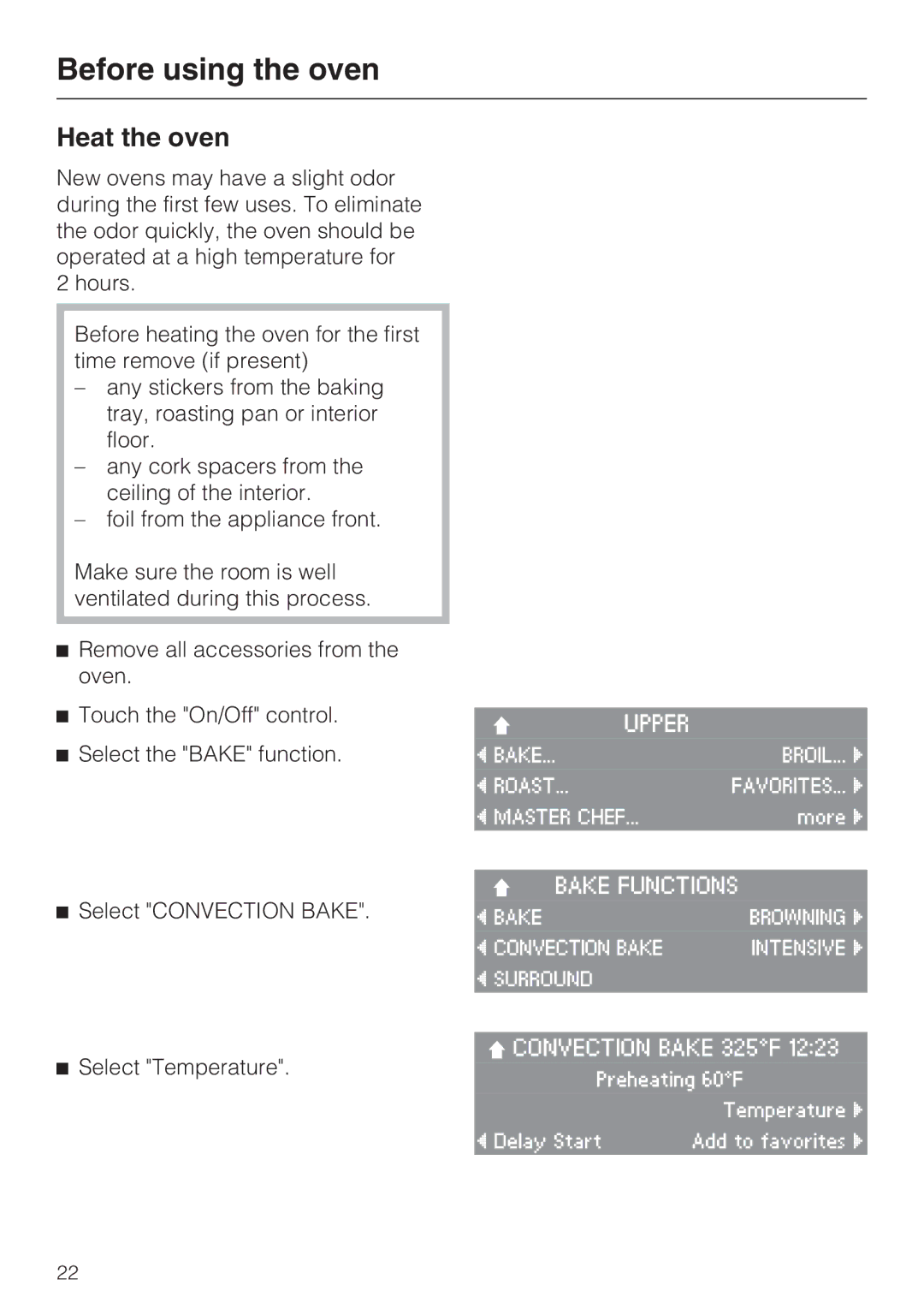 Miele H4892BP2 installation instructions Before using the oven, Heat the oven 