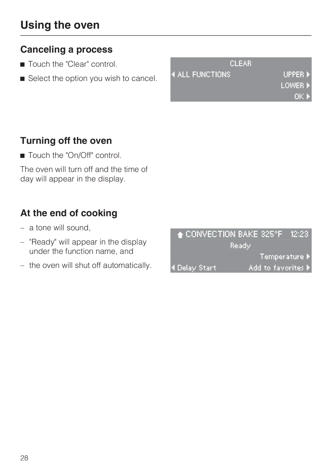 Miele H4892BP2 installation instructions Canceling a process, Turning off the oven, At the end of cooking 