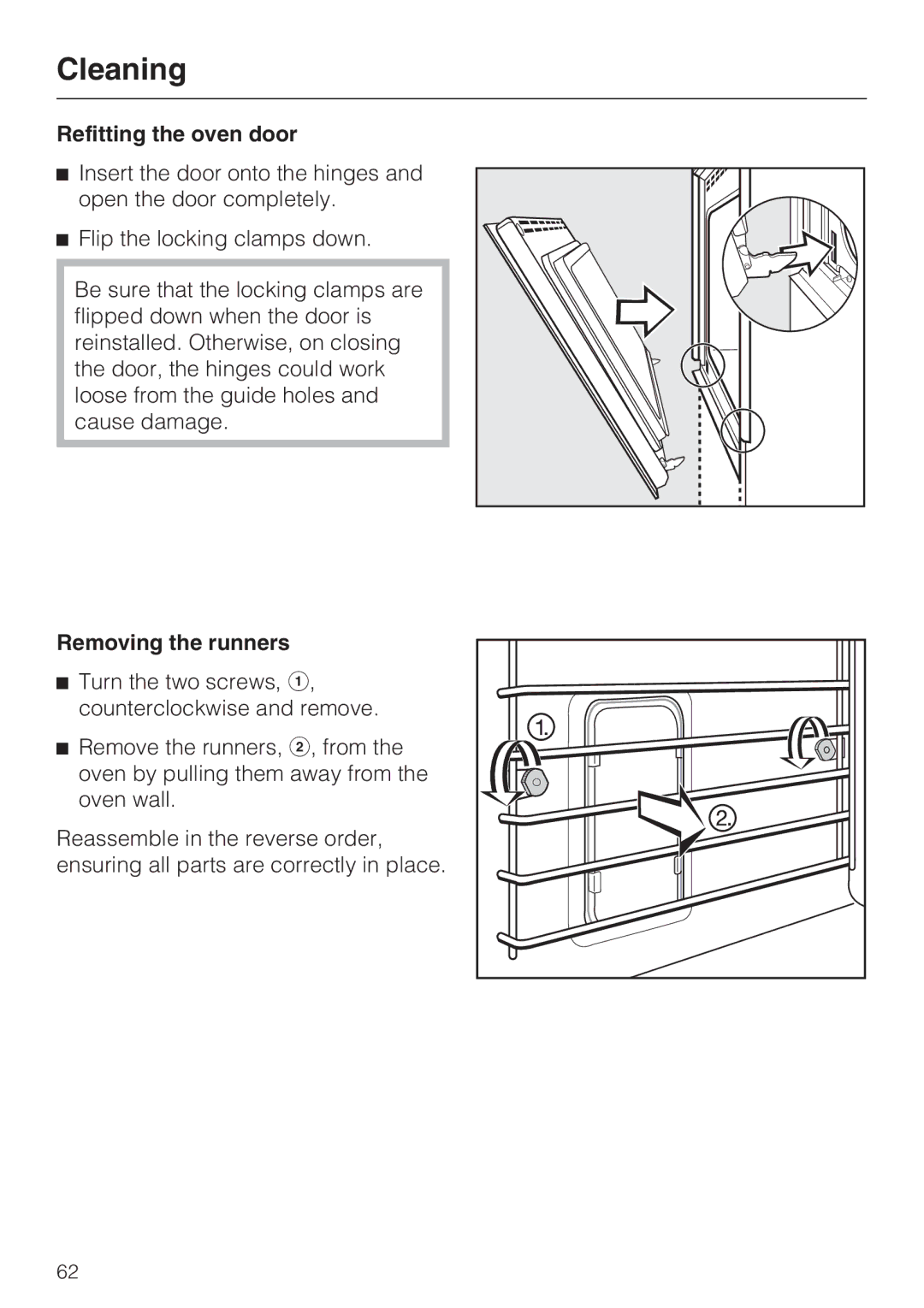 Miele H4892BP2 installation instructions Refitting the oven door, Removing the runners 