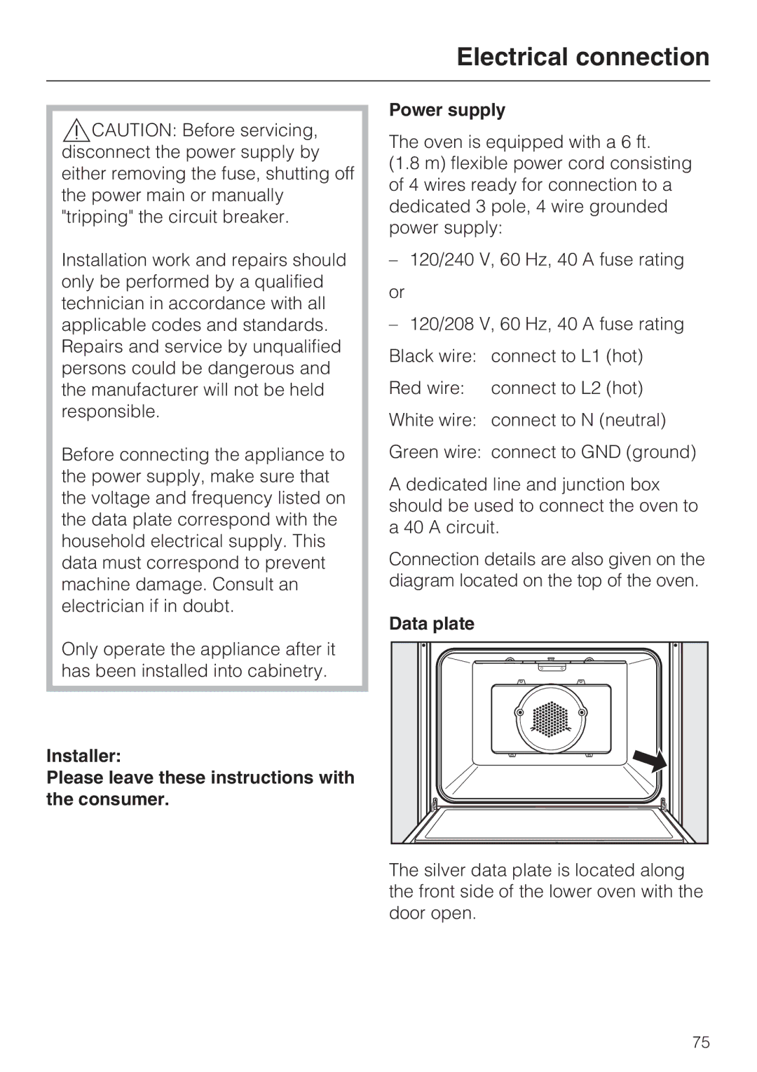 Miele H4892BP2 installation instructions Electrical connection, Data plate 