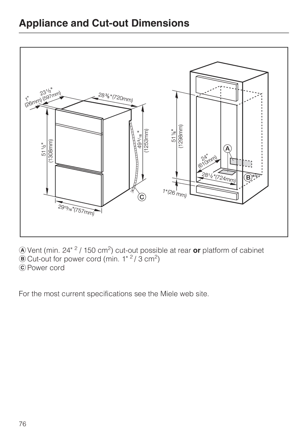 Miele H4892BP2 installation instructions Appliance and Cut-out Dimensions 