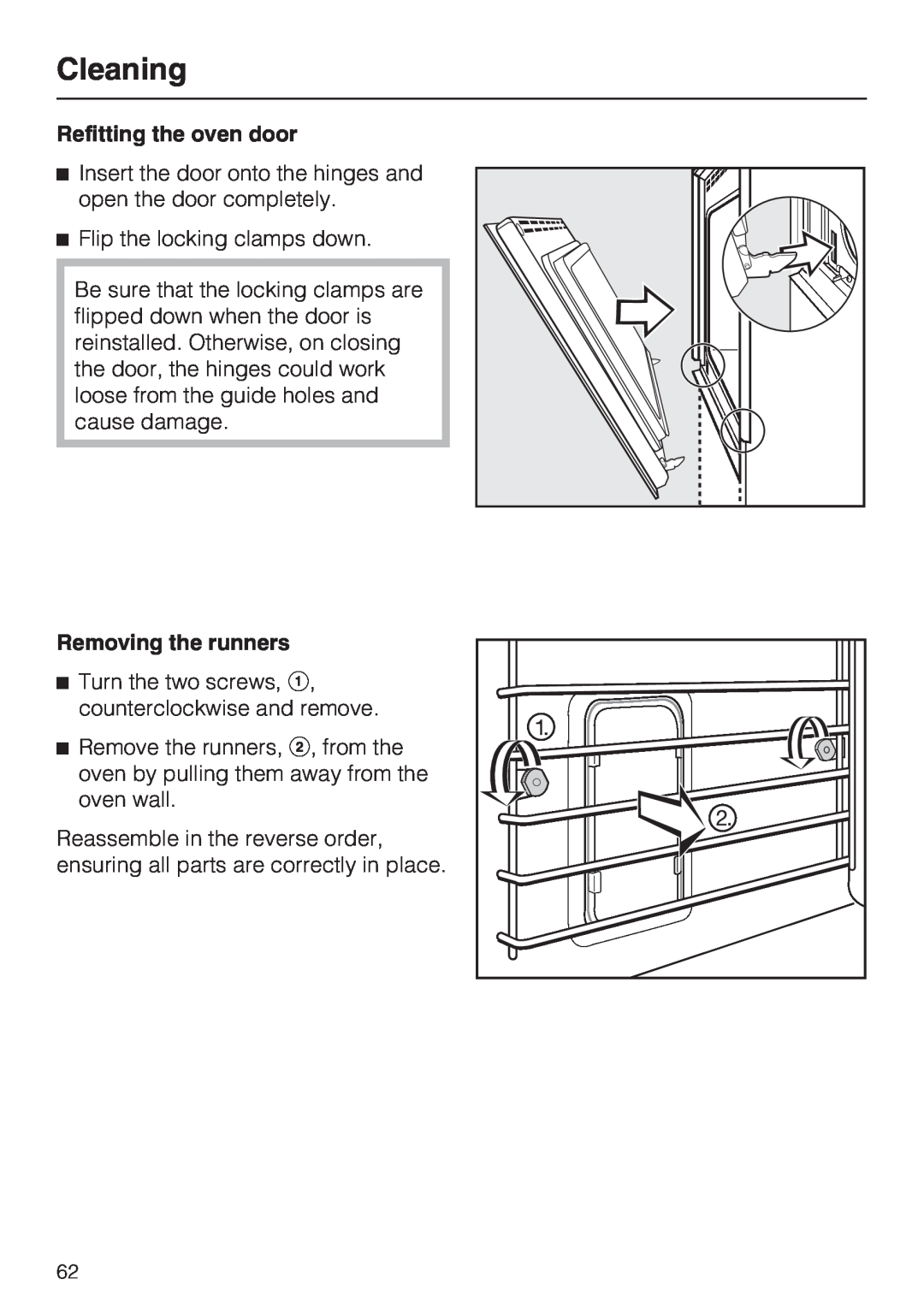 Miele H4892BP2 installation instructions Cleaning, Refitting the oven door, Removing the runners 