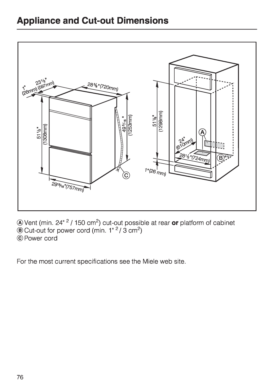 Miele H4892BP2 installation instructions Appliance and Cut-outDimensions 