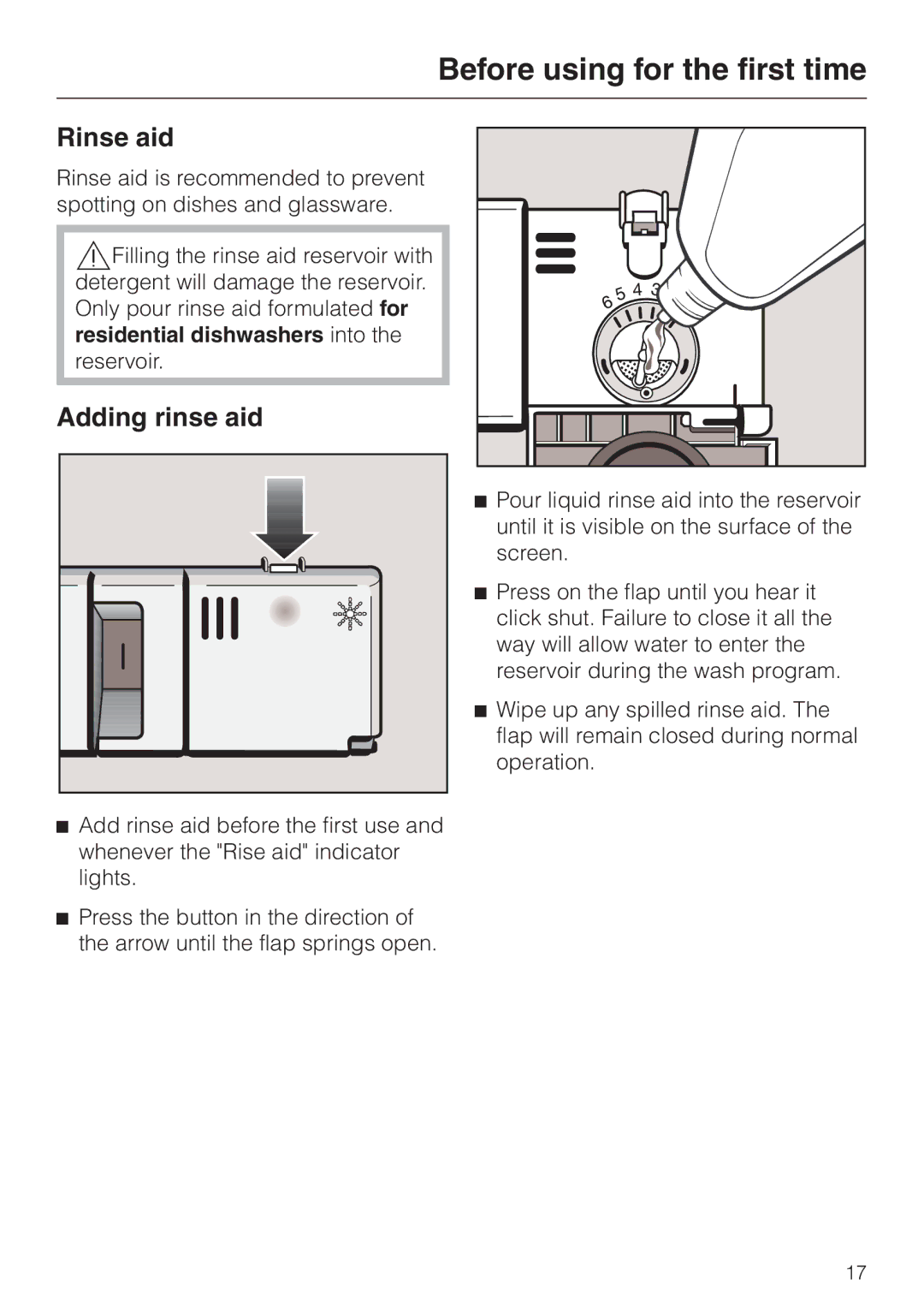 Miele HG01 operating instructions Rinse aid, Adding rinse aid 