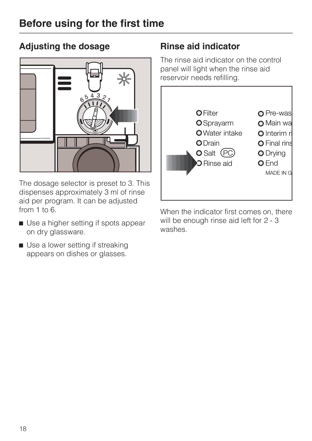 Miele HG01 operating instructions Adjusting the dosage Rinse aid indicator 