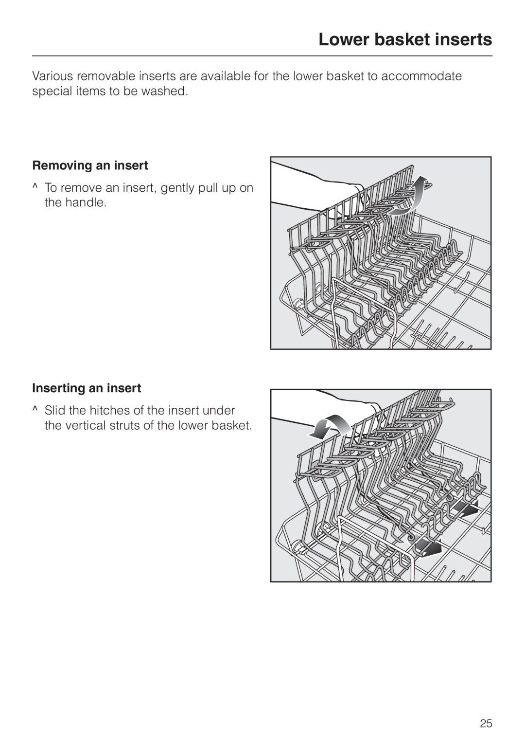 Miele HG01 operating instructions Lower basket inserts, Removing an insert, Inserting an insert 