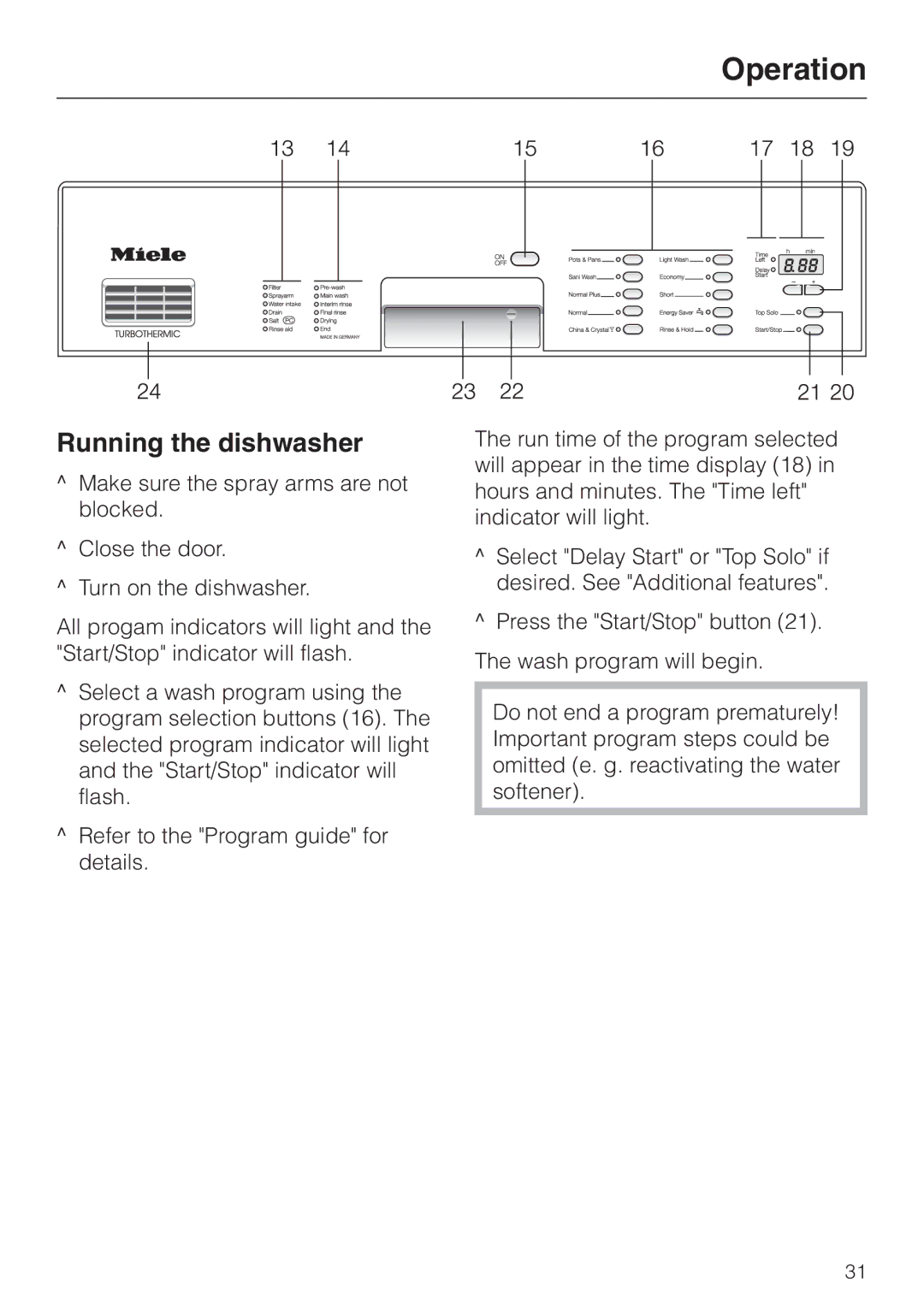 Miele HG01 operating instructions Running the dishwasher 