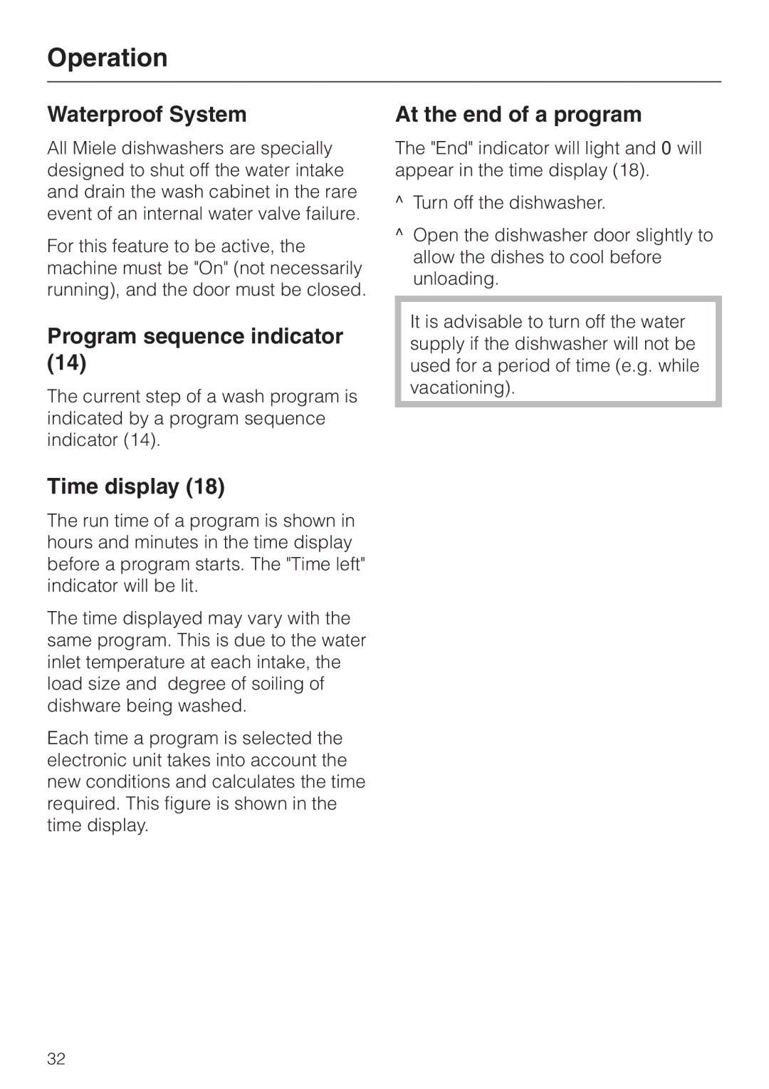 Miele HG01 operating instructions Waterproof System, Program sequence indicator, Time display, At the end of a program 