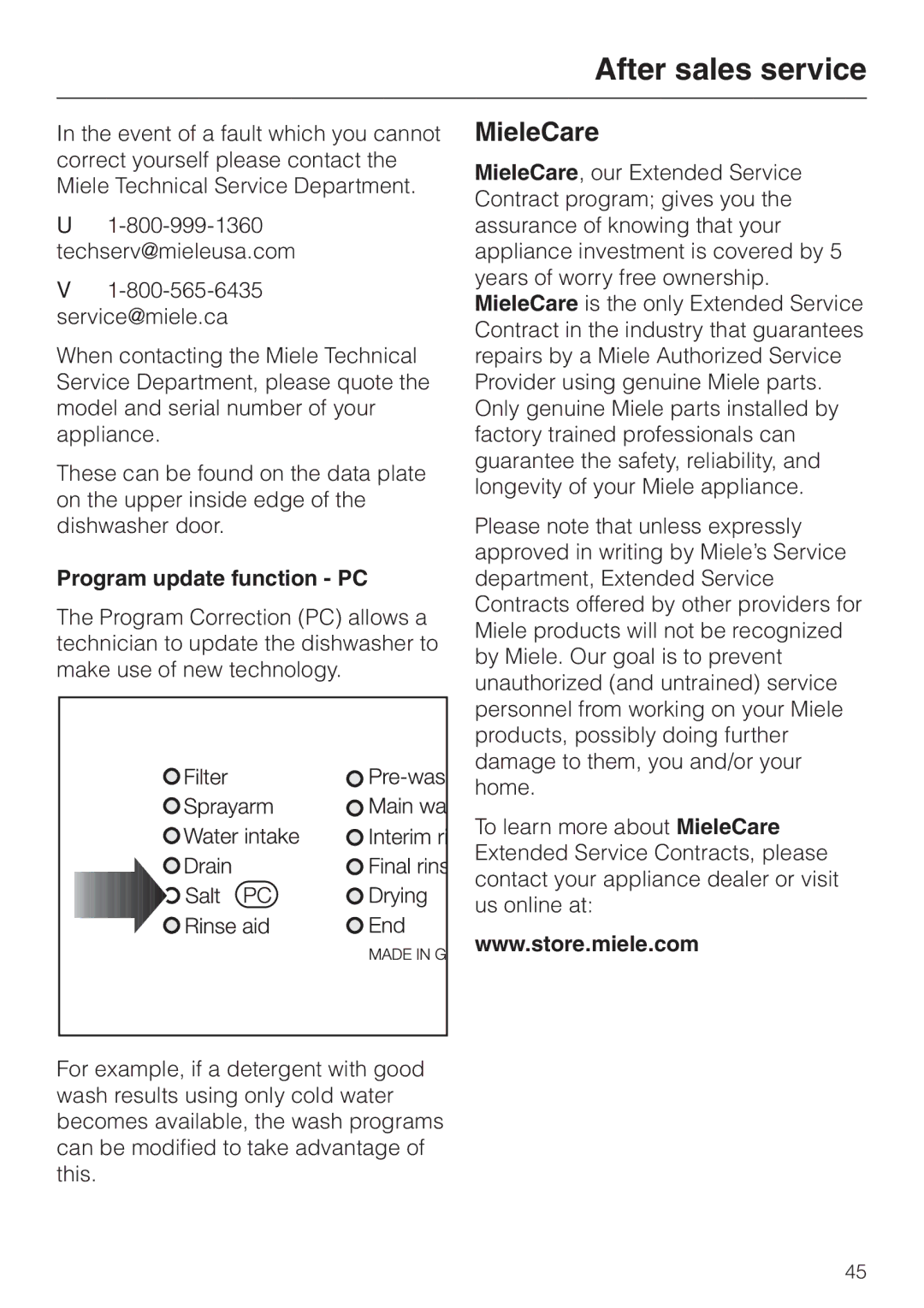 Miele HG01 operating instructions After sales service, MieleCare, Program update function PC 