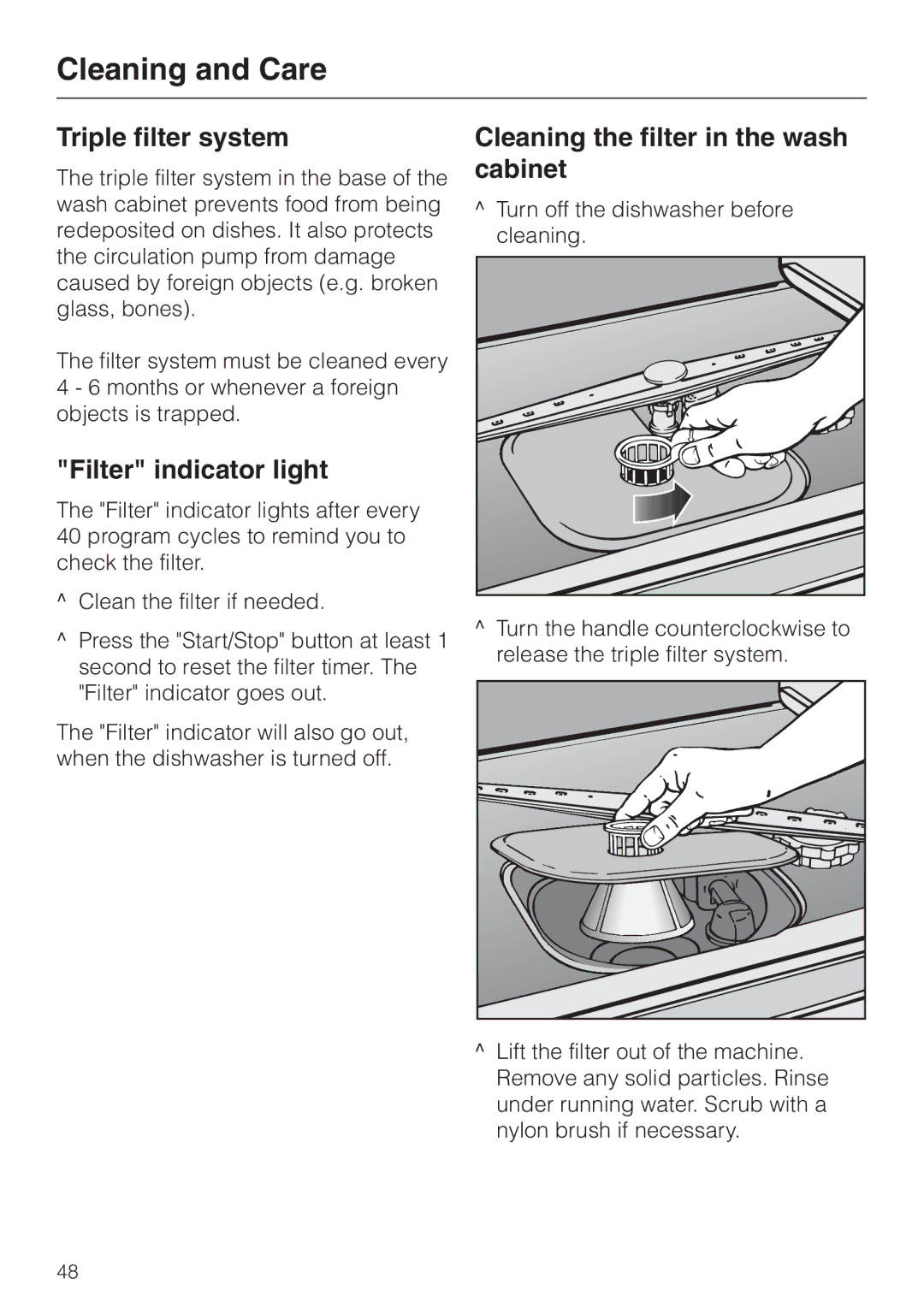 Miele HG01 Cleaning and Care, Triple filter system, Cleaning the filter in the wash cabinet, Filter indicator light 