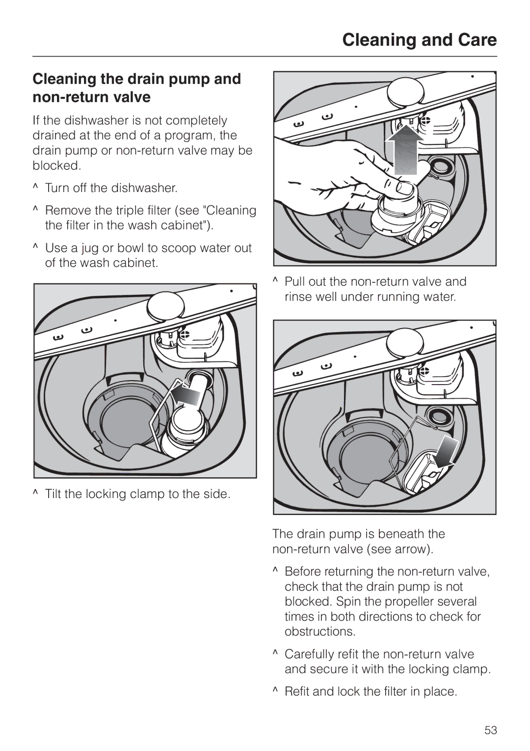 Miele HG01 operating instructions Cleaning the drain pump and non-return valve 