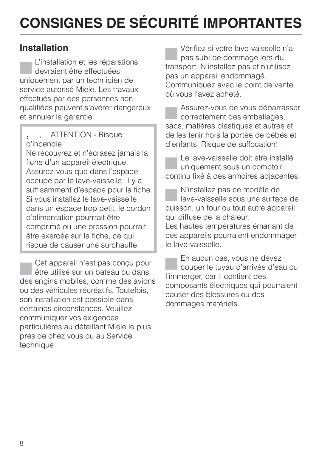 Miele HG01 operating instructions Consignes DE Sécurité Importantes 