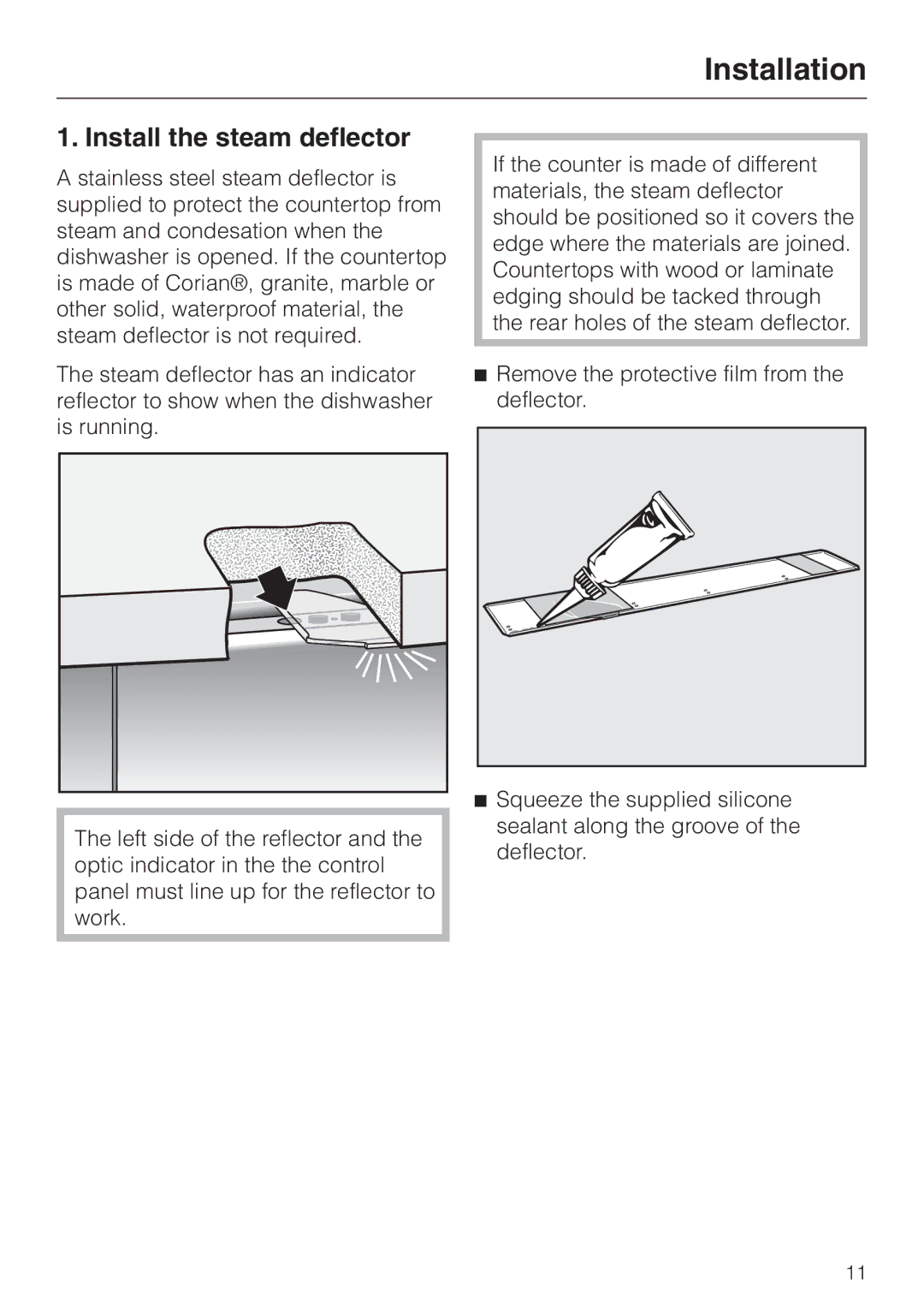 Miele HG01 installation instructions Installation, Install the steam deflector 