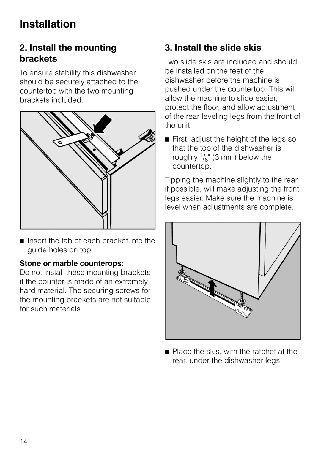 Miele HG01 installation instructions Install the mounting brackets, Install the slide skis, Stone or marble counterops 