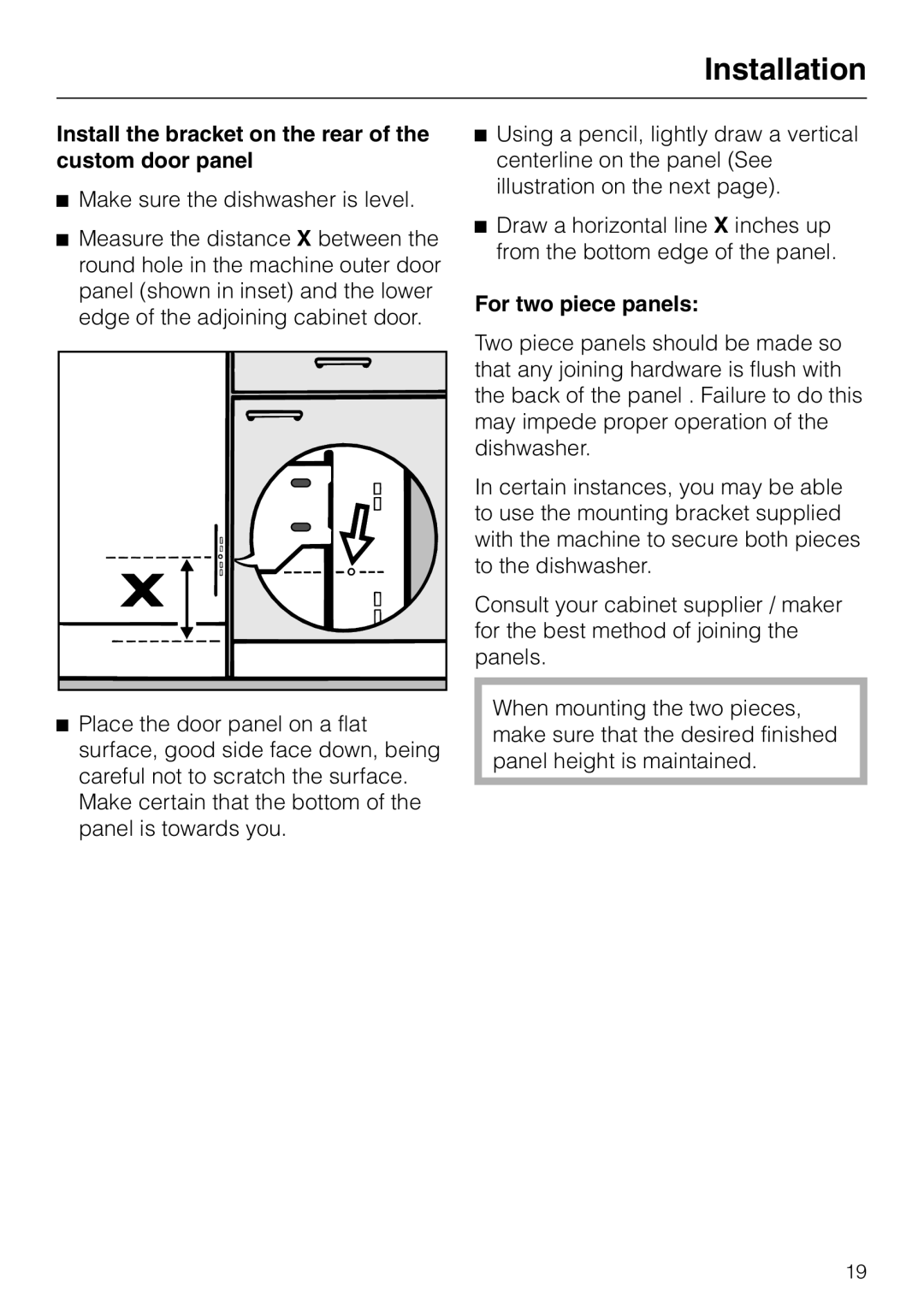 Miele HG01 installation instructions Install the bracket on the rear of the custom door panel, For two piece panels 