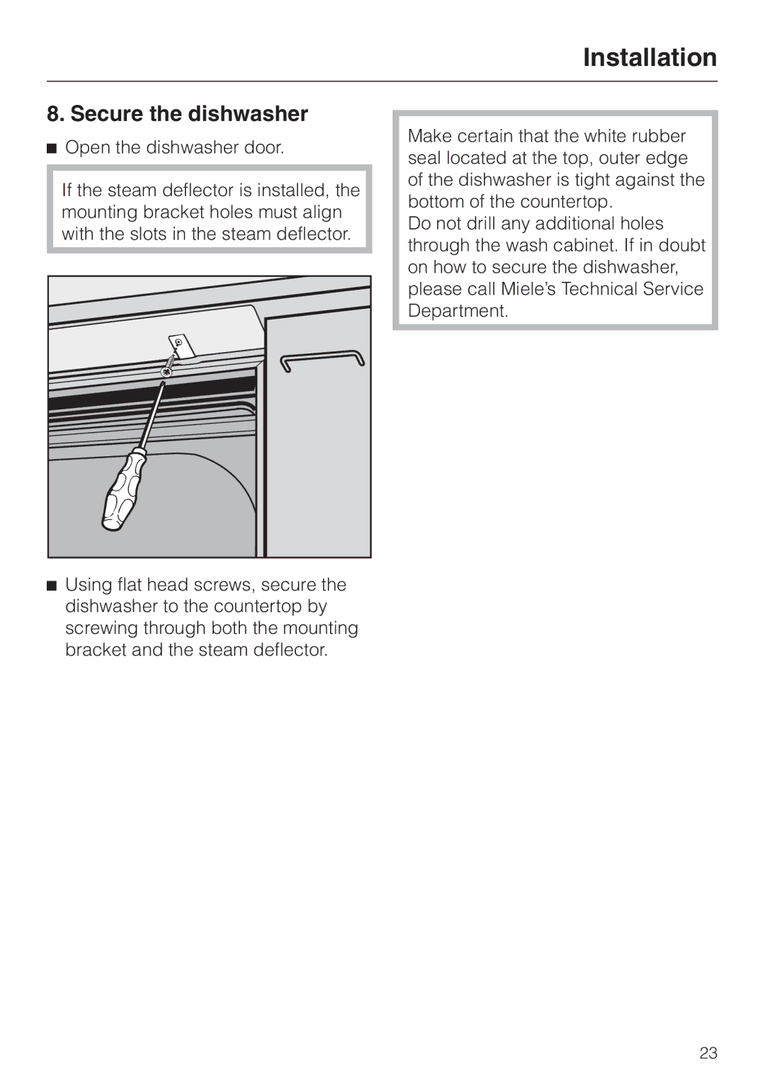 Miele HG01 installation instructions Secure the dishwasher 