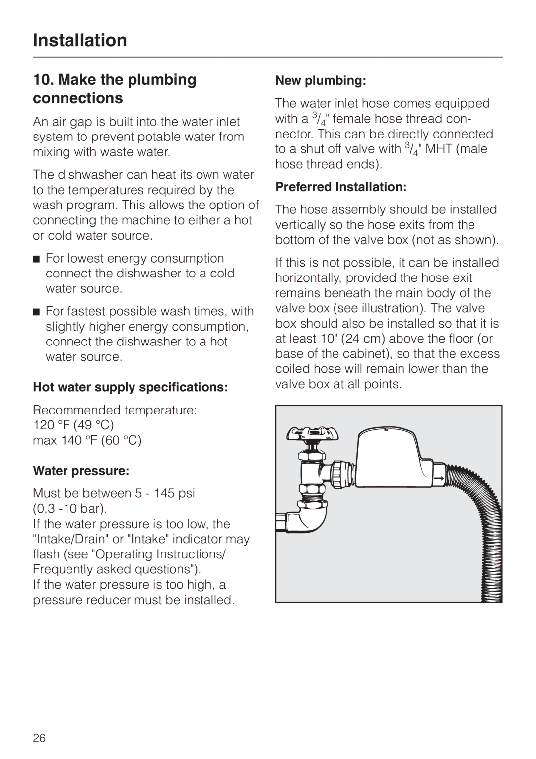 Miele HG01 Make the plumbing connections, Hot water supply specifications, Water pressure, New plumbing 