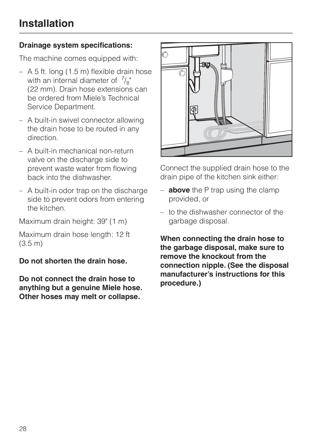 Miele HG01 installation instructions Drainage system specifications 