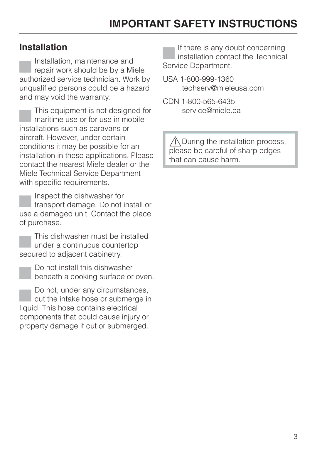 Miele HG01 installation instructions Important Safety Instructions, Installation 