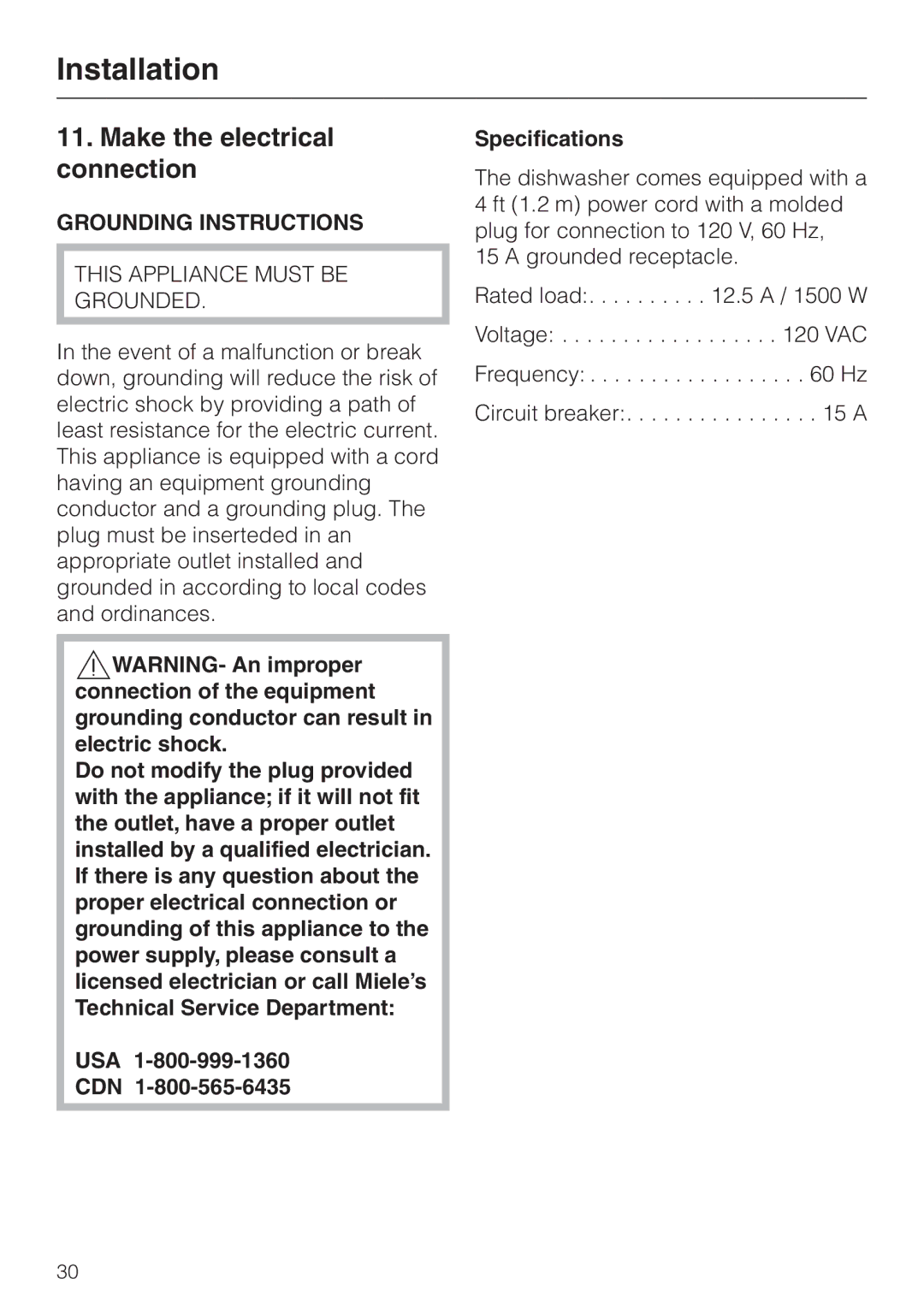 Miele HG01 installation instructions Make the electrical connection, USA CDN Specifications 