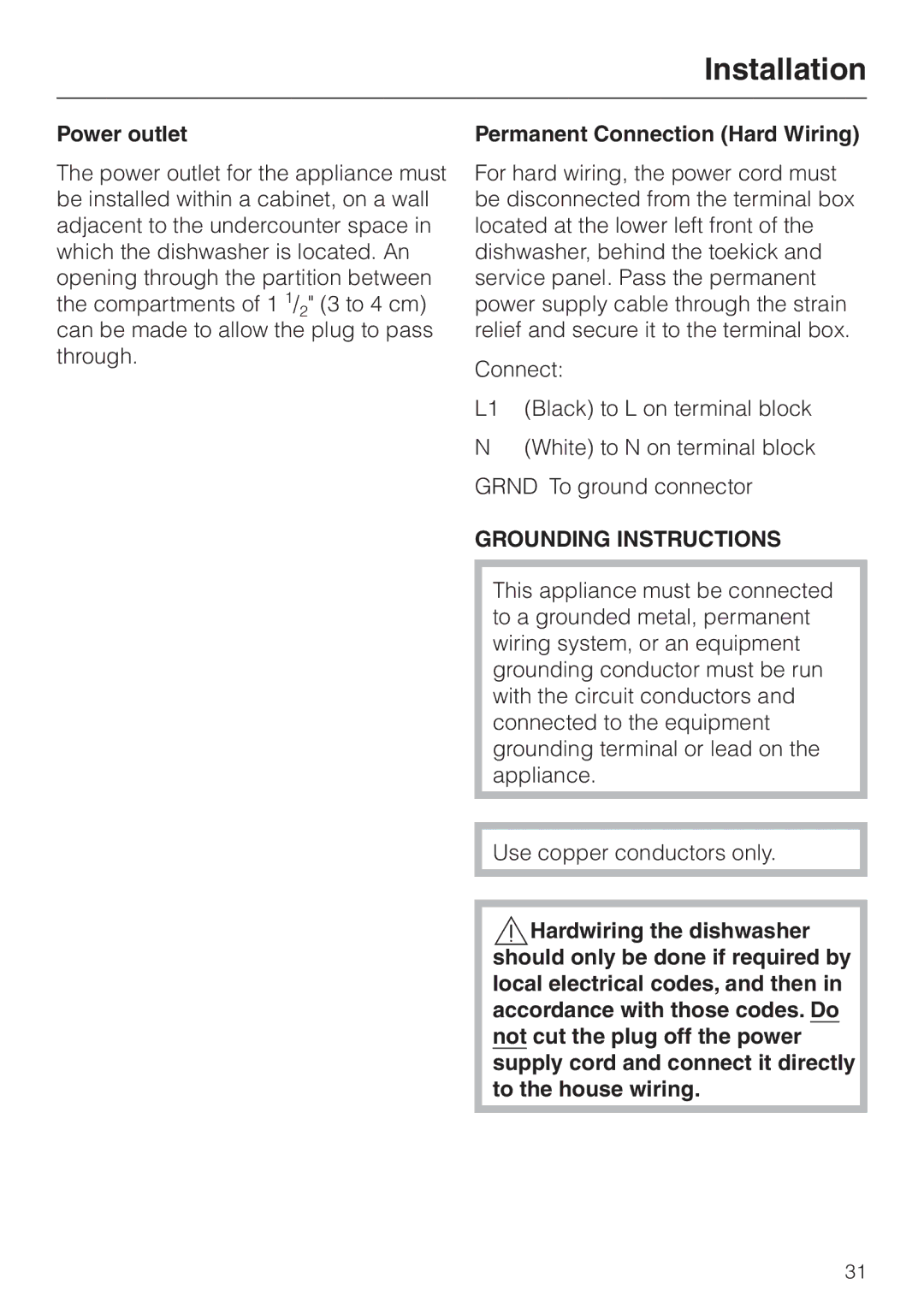 Miele HG01 installation instructions Power outlet, Permanent Connection Hard Wiring 