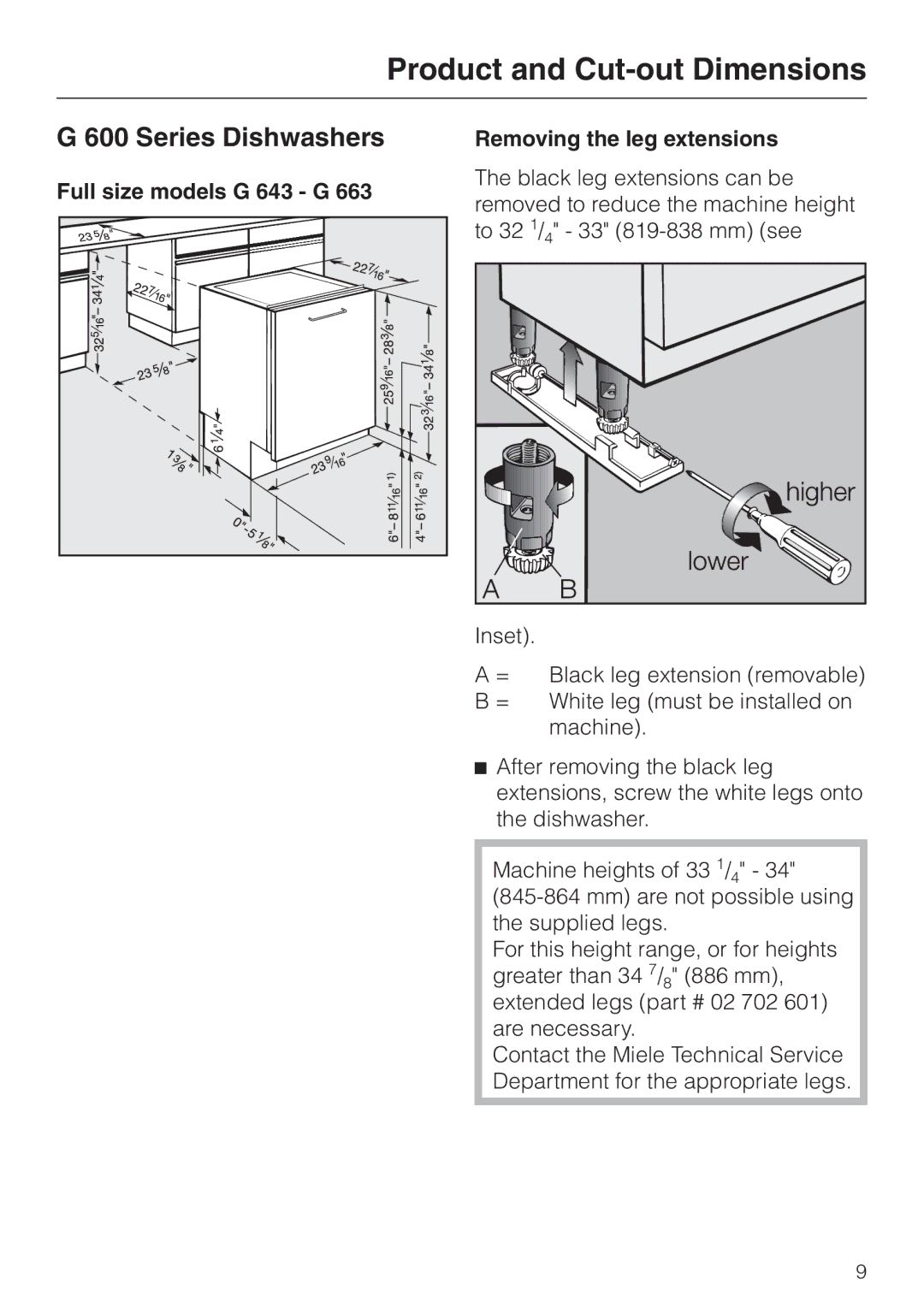 Miele HG01 installation instructions Series Dishwashers, Full size models G 643 G, Removing the leg extensions 