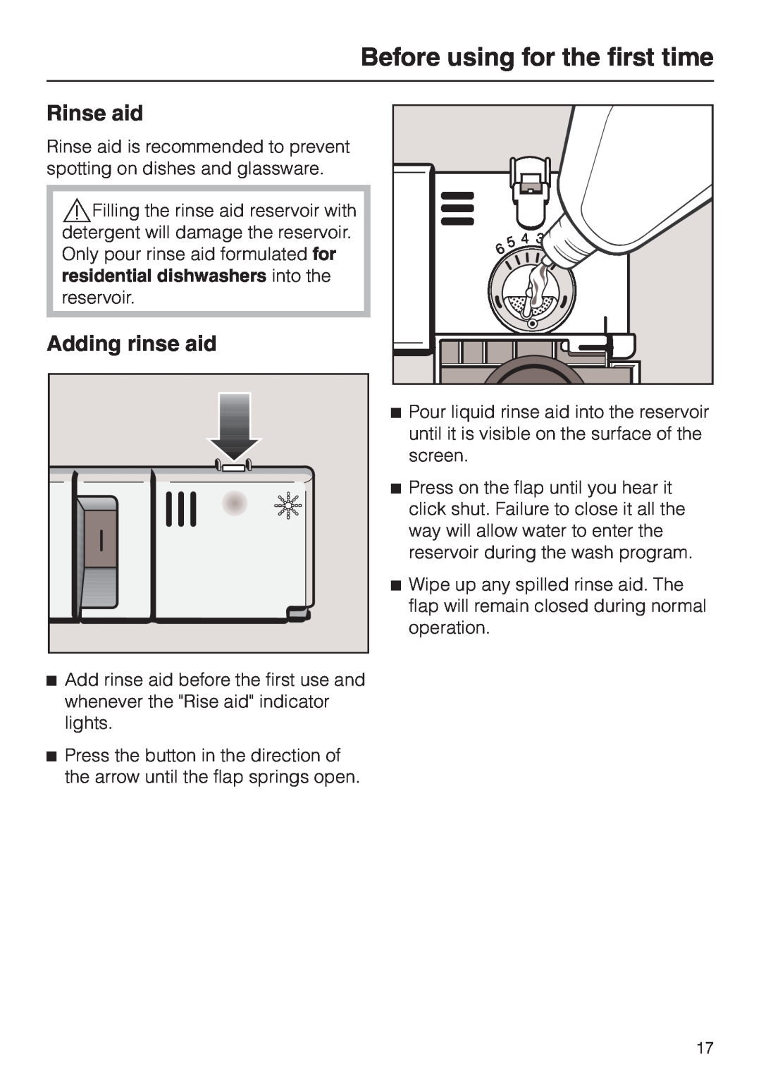 Miele HG01 operating instructions Rinse aid, Adding rinse aid, Before using for the first time 
