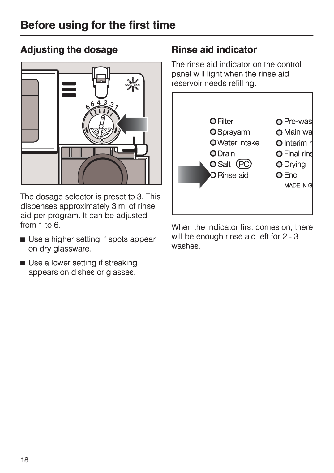 Miele HG01 operating instructions Adjusting the dosage, Rinse aid indicator, Before using for the first time 